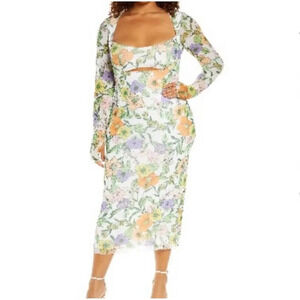 AFRM Vintage Floral Midi Dress Women’s Plus 1X Multicolor Mesh Cut-out Babydoll